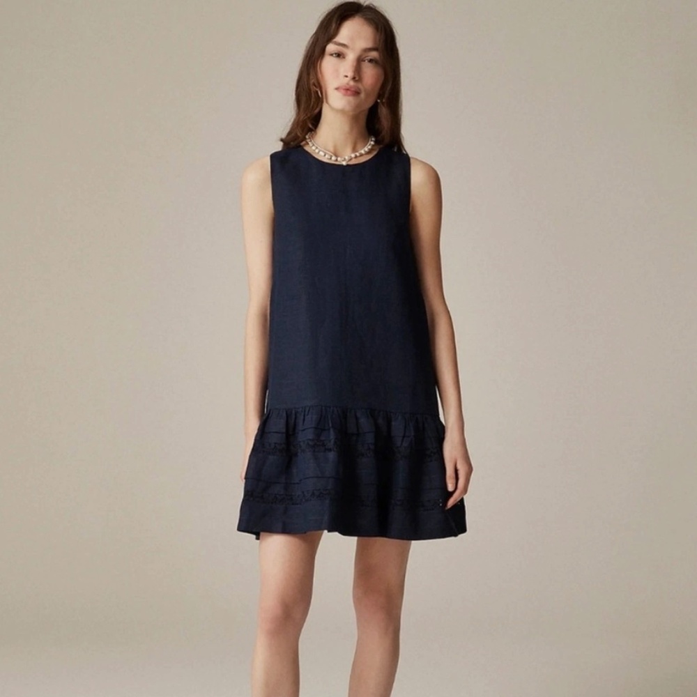J. CREW Maxine Tiered Ruffle Shift Dress in Navy Linen Size Large